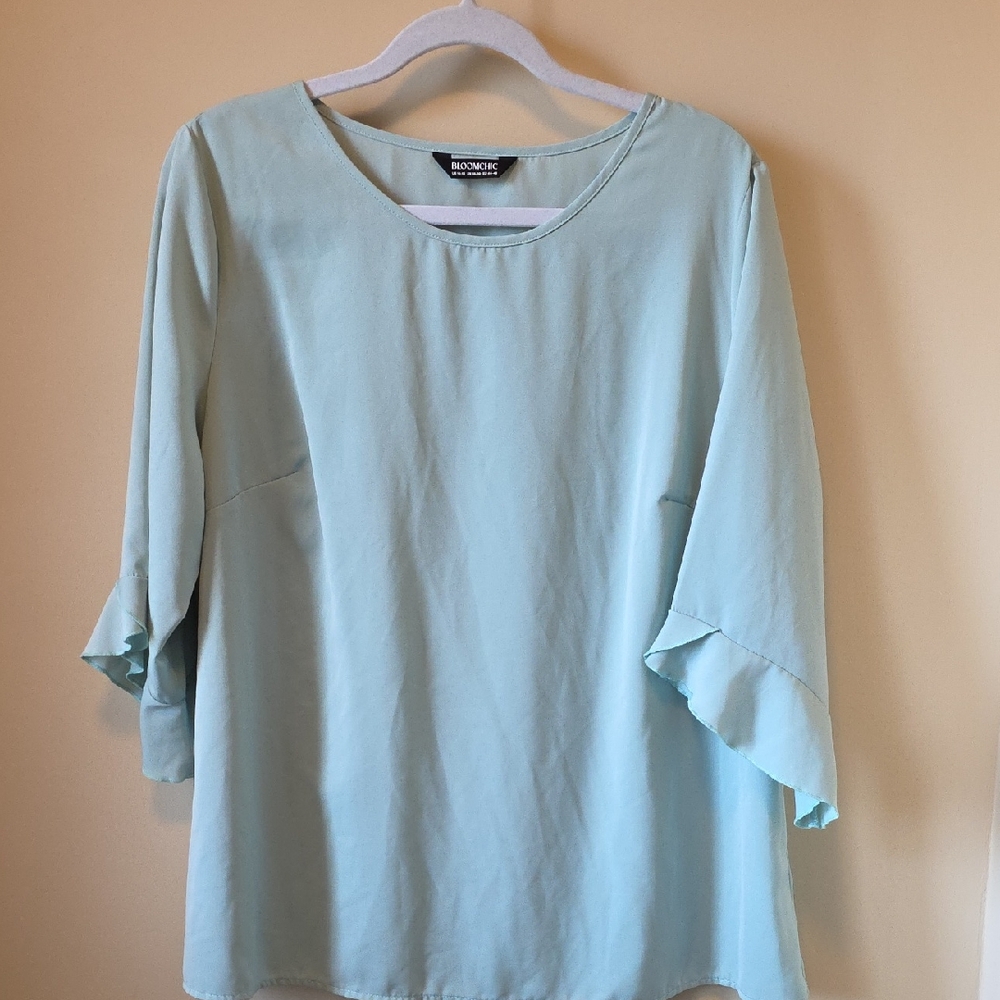 Bloom Chic Soft Blue Blouse with Ruffled Sleeves